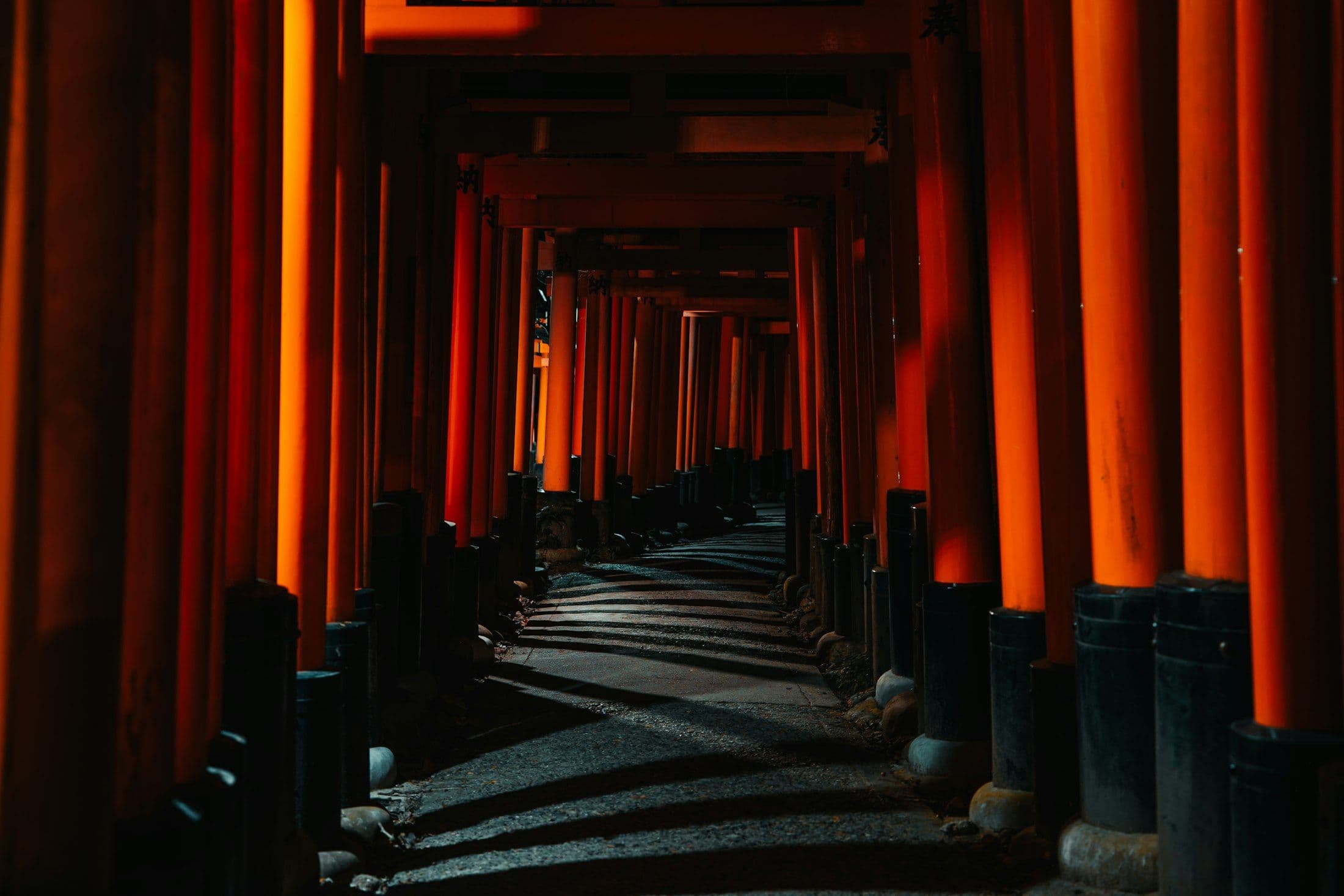 Corredor de torii vermelhos no santuário Fushimi Inari, em Kyoto