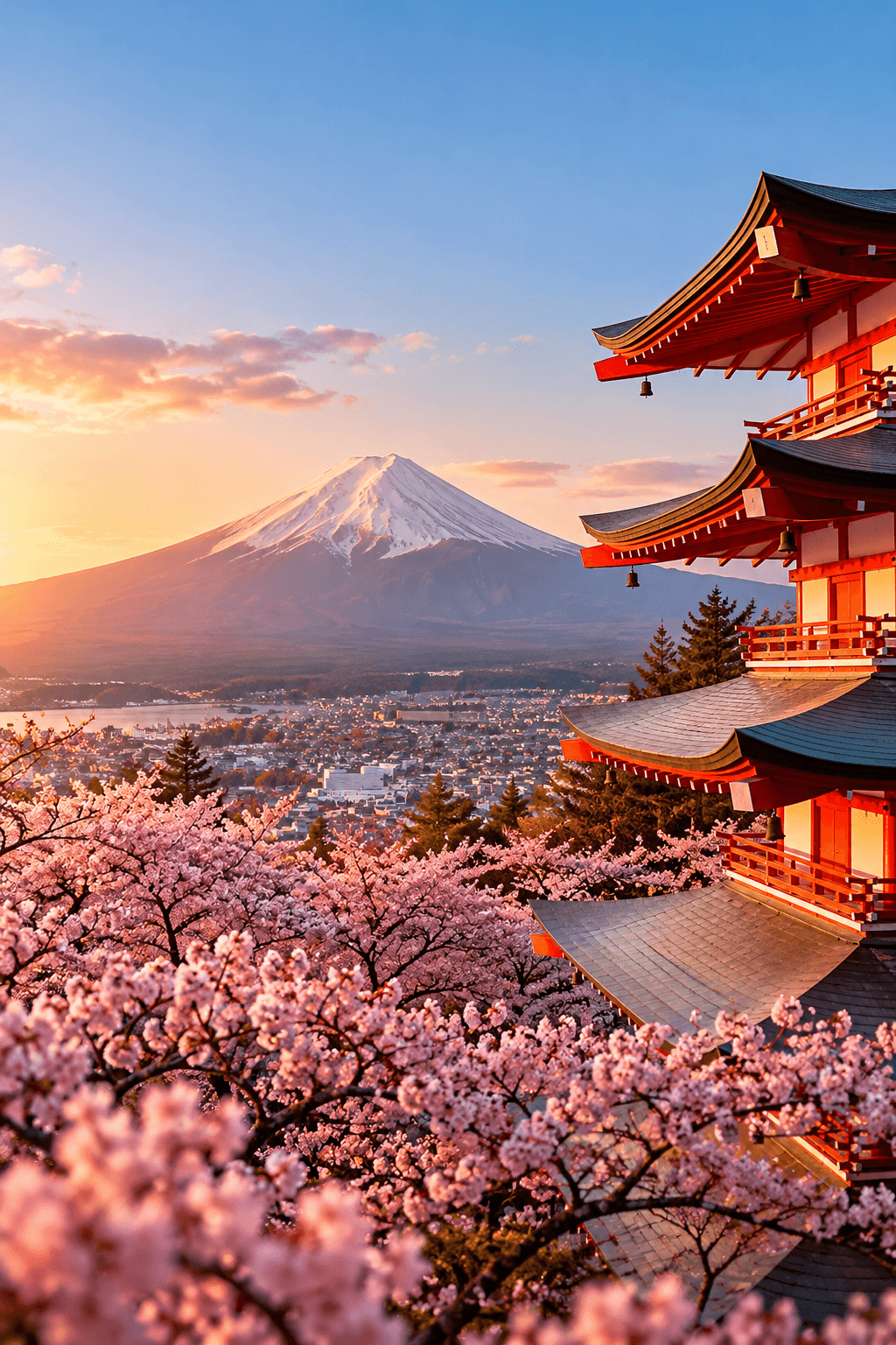 Pagode tradicional com o Monte Fuji ao fundo